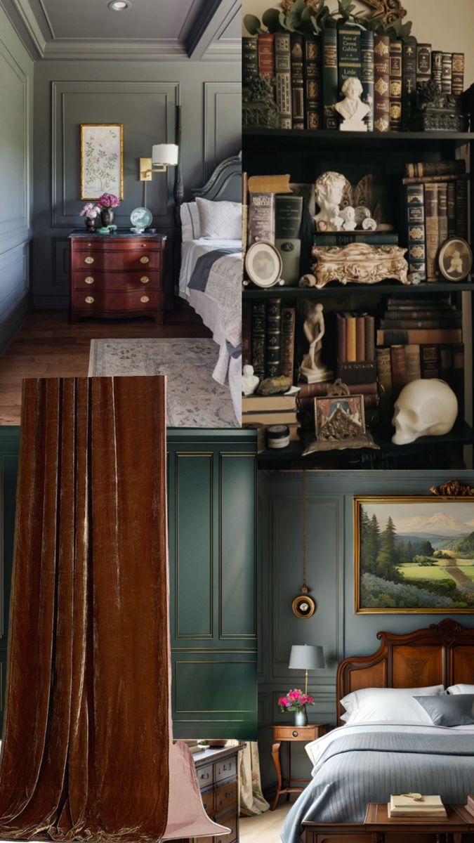 there are pictures of different rooms with books on the shelves and bed in the corner