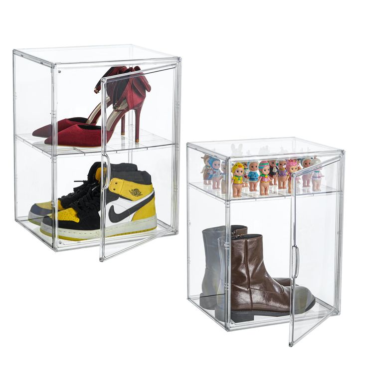 two clear acrylic boxes with shoes in them and one has a shoe rack