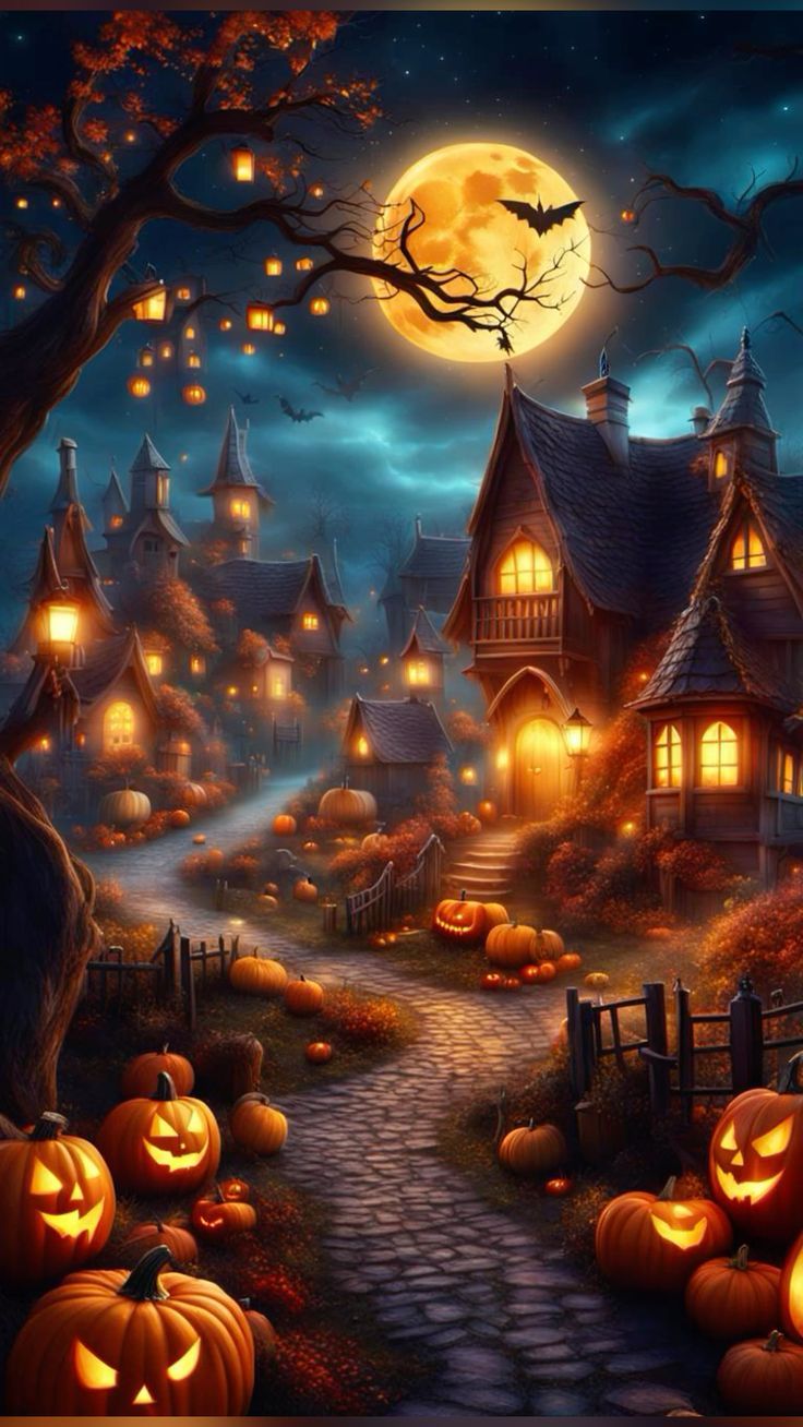 an image of a halloween scene with pumpkins on the ground and houses in the background