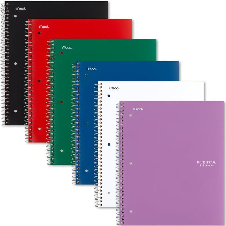 five spiral notebooks lined up in different colors