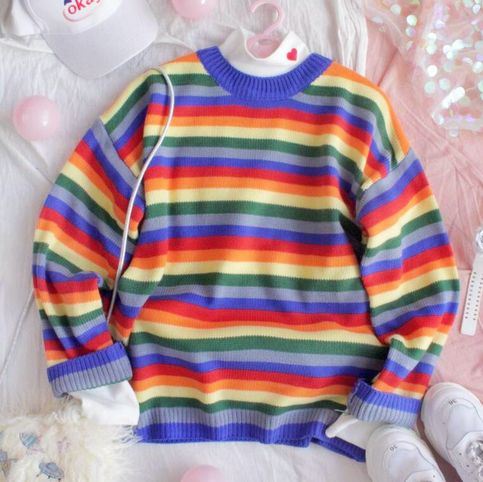 Colorful Rainbow Stripes Knit Sweater Kidcore Clothing, Outfits With Striped Shirts, Stripe Knit Sweater, Rainbow Sweater, Cute Rainbow, Clothes Aesthetic, Colorful Rainbow, Kawaii Clothes, Rainbow Stripes