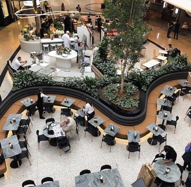 an overhead view of a restaurant with tables and people eating at it's counters