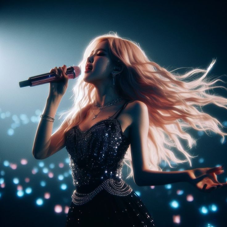 a woman with long blonde hair holding a microphone in her right hand and singing into the microphone