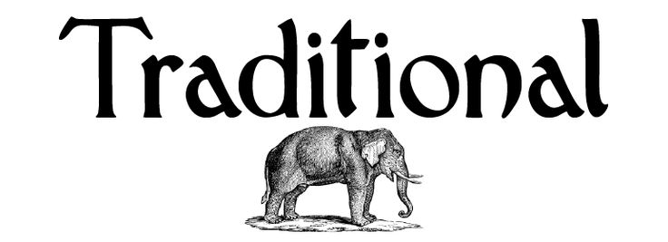 an elephant with the words traditional written in black on it's back and white background