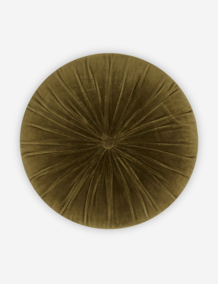 an olive green round rug with pleated design on the top and bottom, in front of a white background