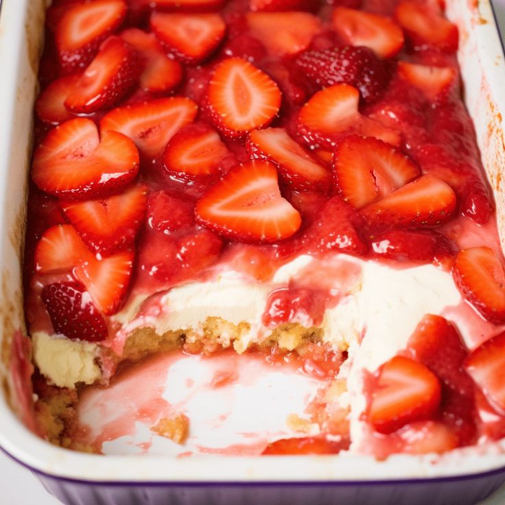 a close up of a cake in a pan with strawberries