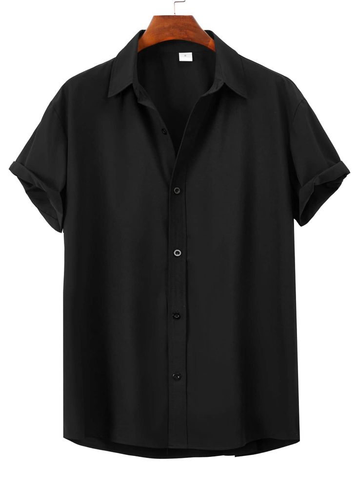 Black Casual  Short Sleeve Satin Plain Shirt Embellished Non-Stretch Summer Men Tops Seersucker Shirt, Men Spring, Shirts Black, Turndown Collar, Shirts For Men, Casual Shirts For Men, Short Sleeve Shirt, Button Downs, Sleeve Shirt