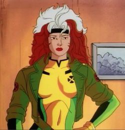 an animated image of a woman with red hair and green jacket standing in front of a window