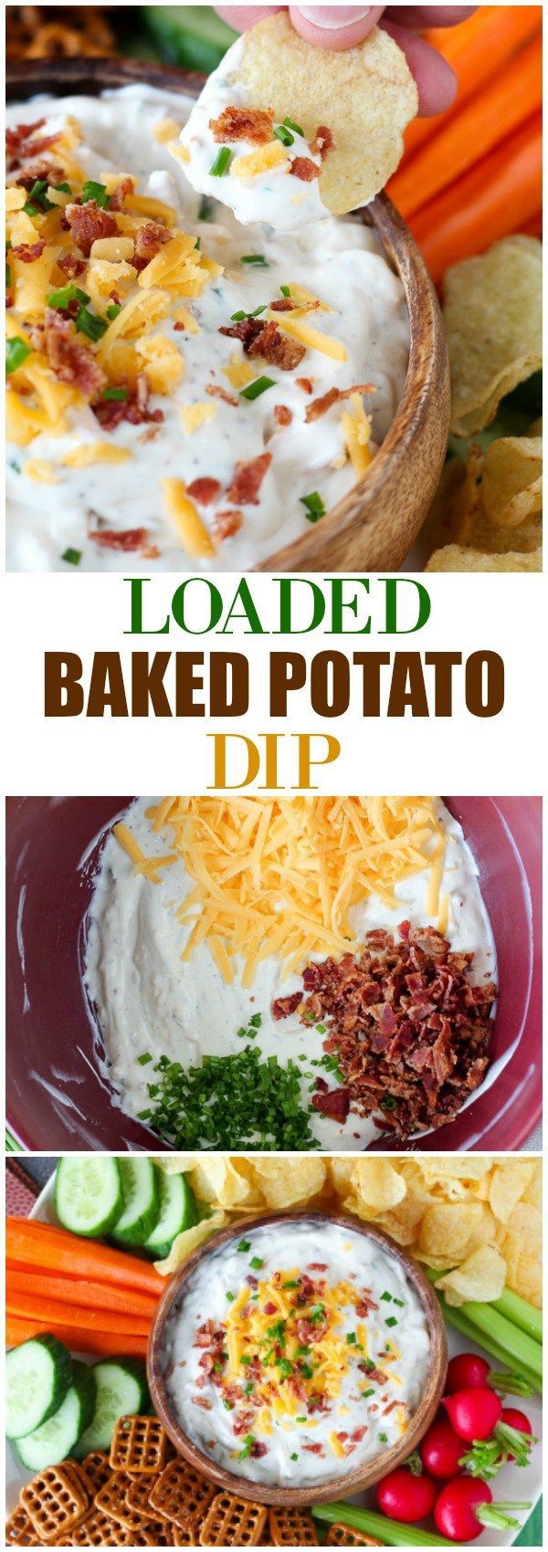 loaded baked potato dip in a bowl with chips and vegetables