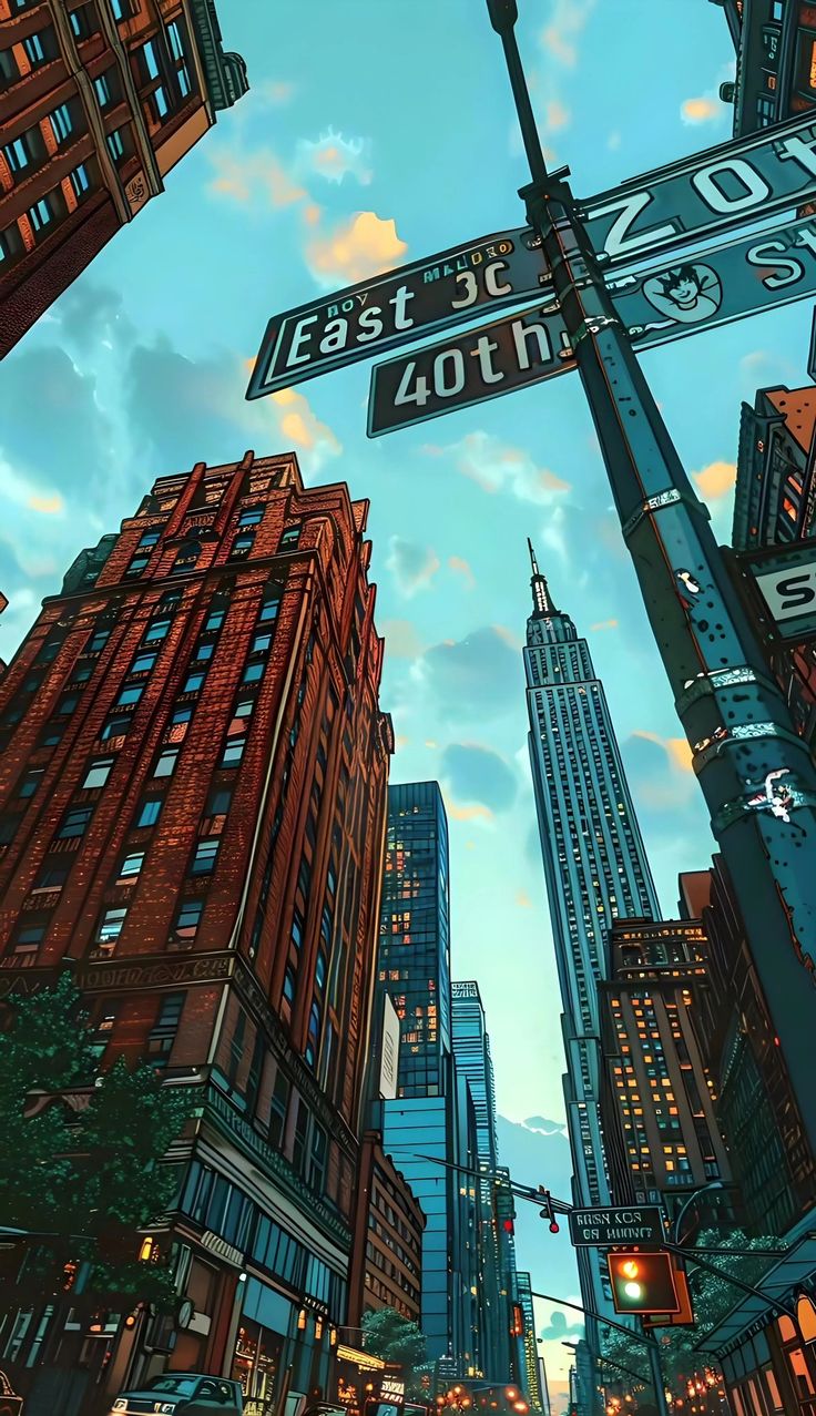 Downtown Art Aesthetic, City Aesthetic Drawing, Downtown Aesthetic Wallpaper, New York Illustration Art, New York Anime, New York Aesthetic Wallpaper, Background New York, Wall Scenery, New York Drawing