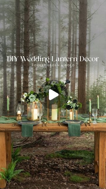 a table with candles and flowers on it in front of a forest backdrop that says diy wedding lanterner decor