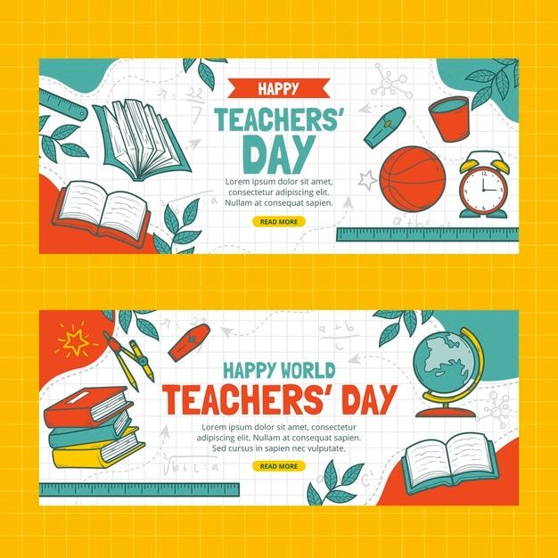 two banners for teachers'day with books, globe and school supplies on yellow background