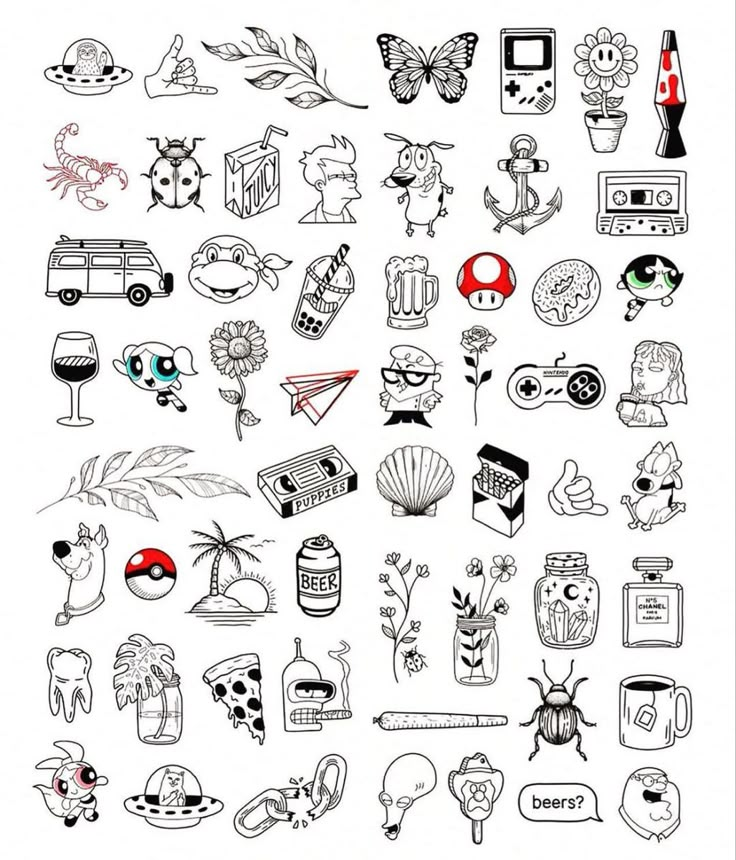 a bunch of doodles that are drawn in black and white with different things on them