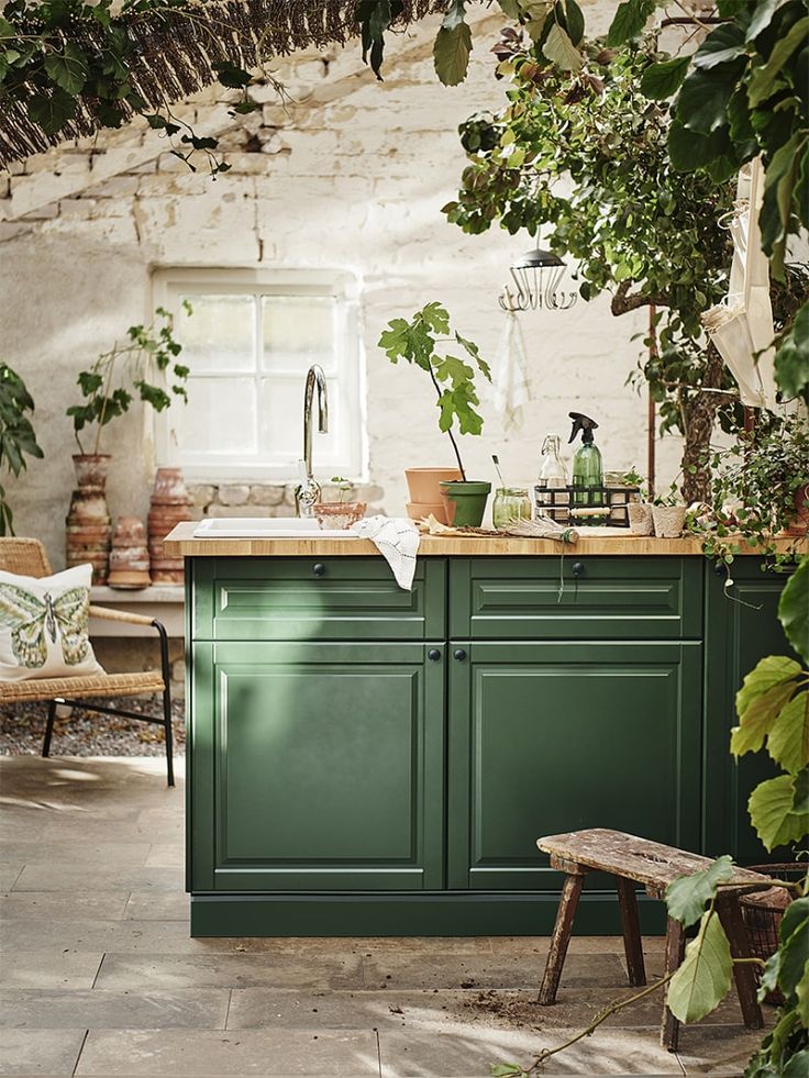 a kitchen with green cabinets and plants on the counter