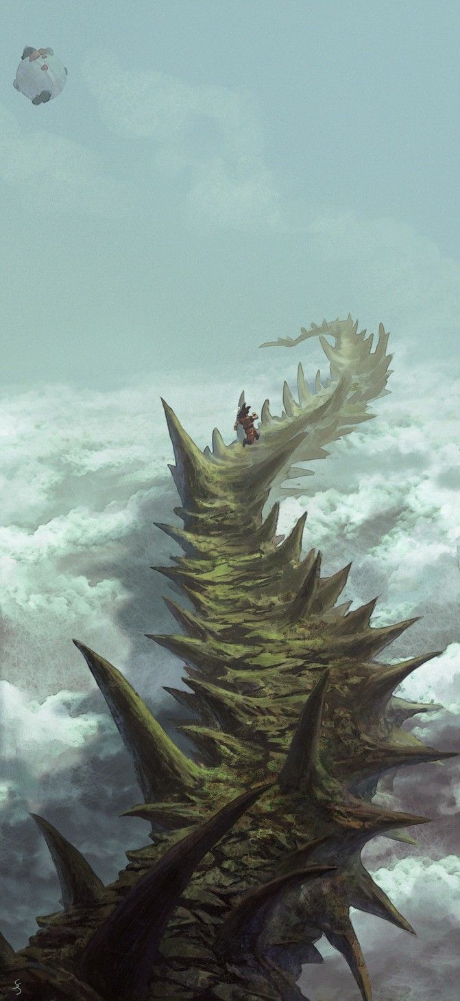 an image of people riding on the back of a giant dragon in the sky with clouds