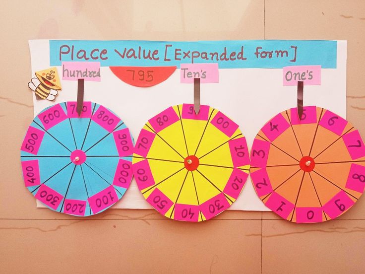 three colorful paper fan shaped clocks hanging on a wall with words and numbers attached to them