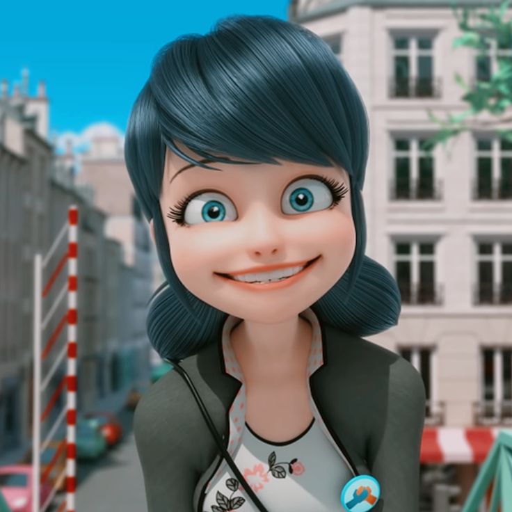 a cartoon girl with blue hair and big eyes standing in front of a city street