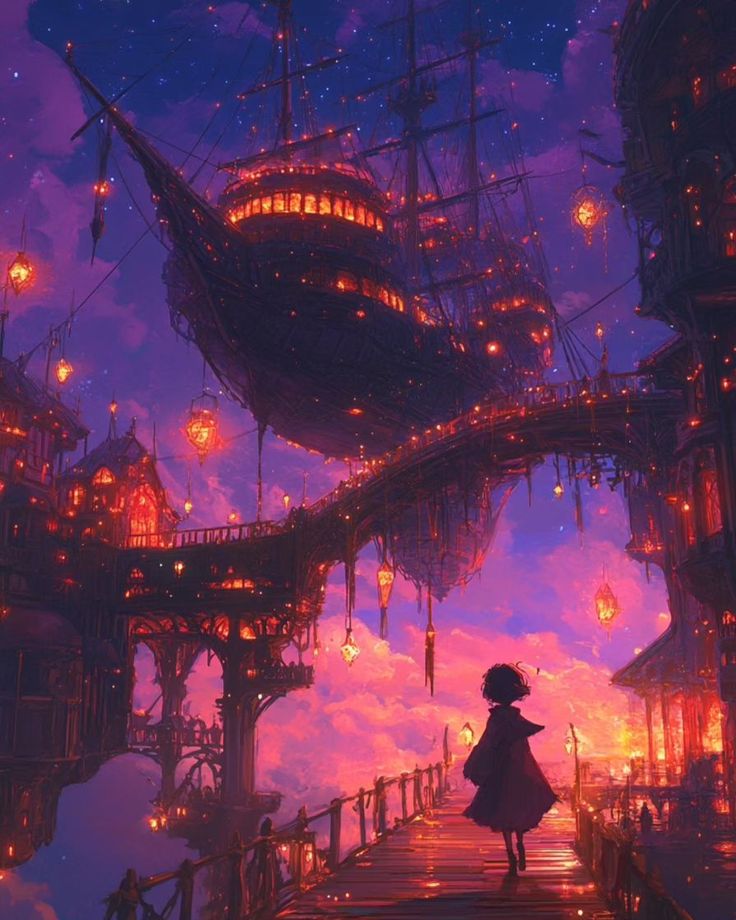 a girl walking down a pier towards a ship in the sky with lights on it