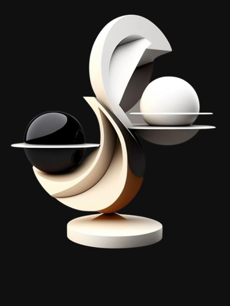 an abstract sculpture with black and white balls on it's tray, against a dark background