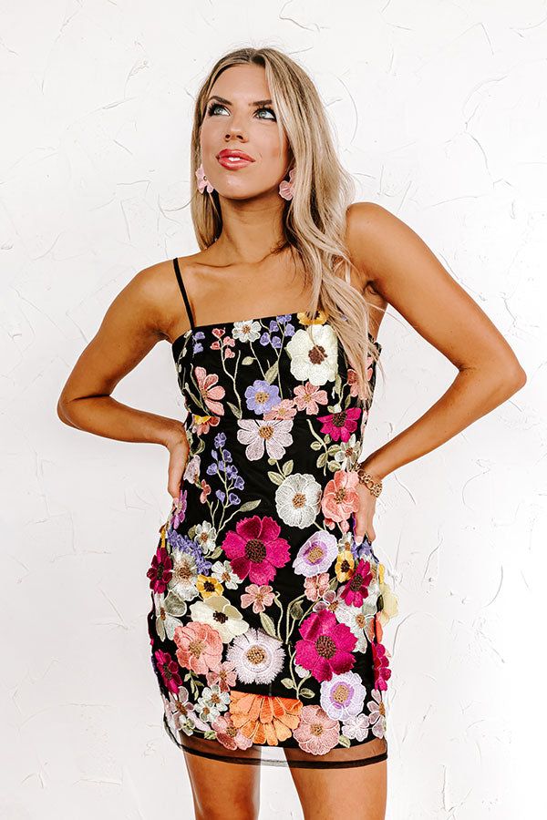 black mini dress, embroidered, flowers, spaghetti straps Dream World, Style Party, Pink Mini Dresses, Floral Applique, Mesh Material, Shoes With Jeans, Romper Pants, Dress Size Chart, White Mini Dress