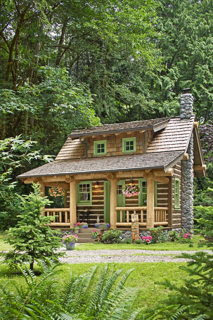 a small log cabin in the woods surrounded by trees and bushes, with a porch