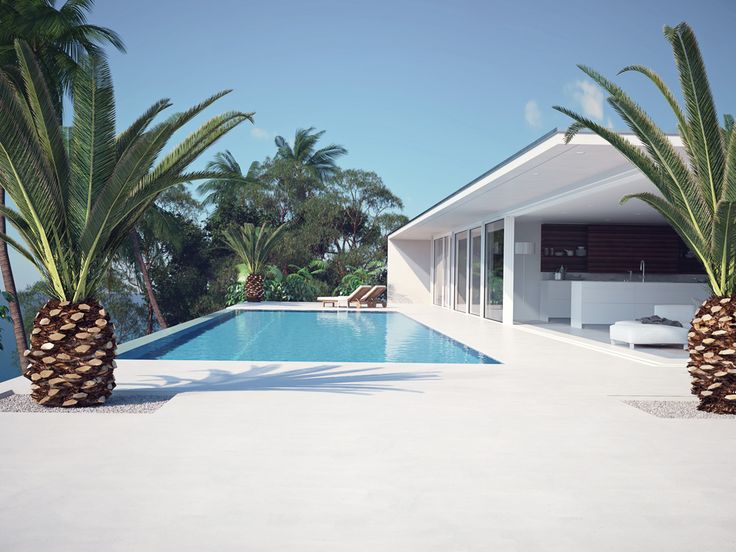 two palm trees next to a swimming pool in front of a house with an ocean view