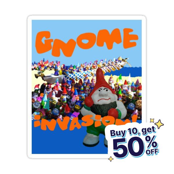 an image of gnomes on the beach with text that reads gnome invasion 50 % off