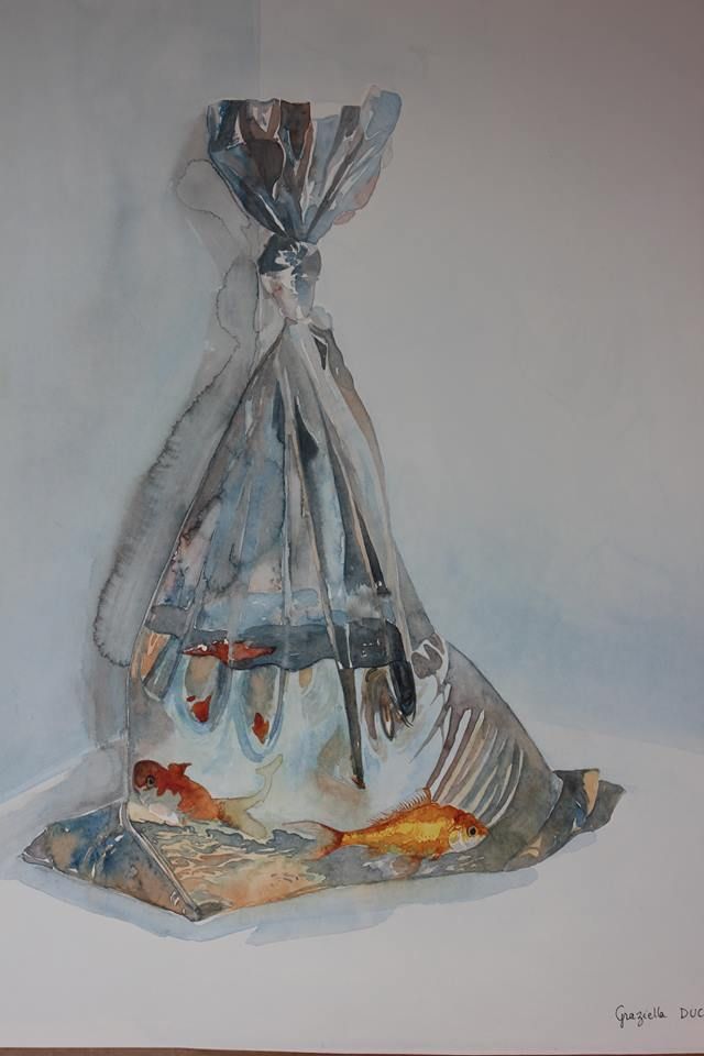 a painting of a bag full of fish