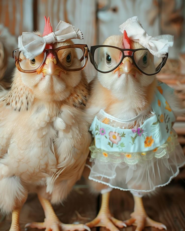 two small chickens wearing glasses on top of a wooden table next to another chicken in a dress