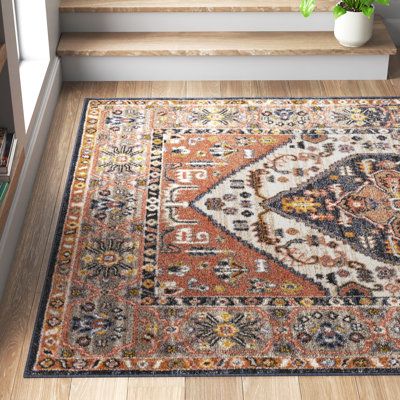 an area rug on the floor in front of some stairs and a potted plant