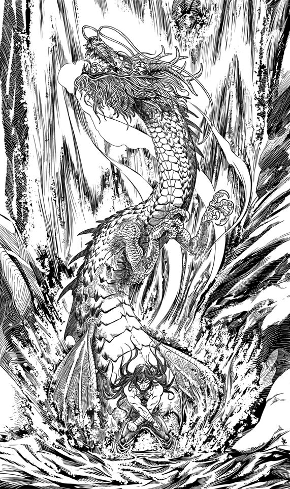 a black and white drawing of a dragon sitting on top of a body of water