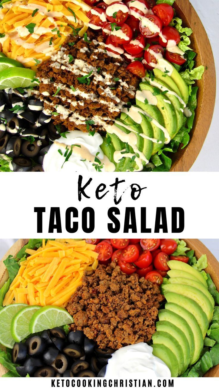 keto taco salad with black olives, tomatoes, lettuce and avocado