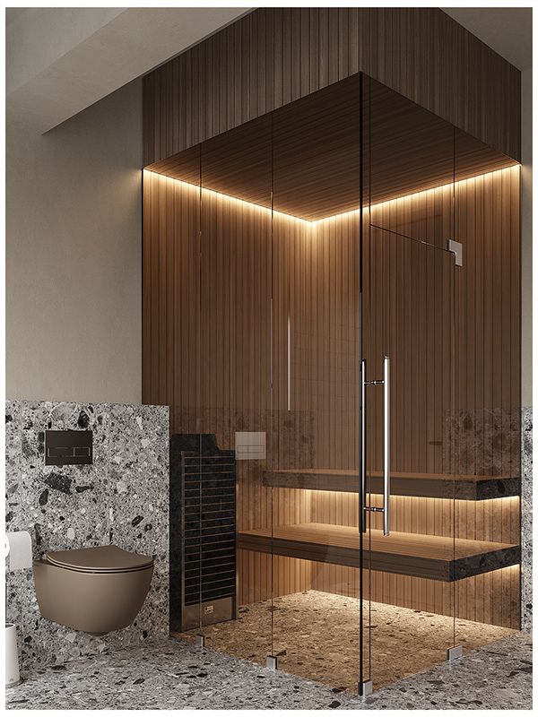 a bathroom with marble walls and flooring next to a bathtub in the corner