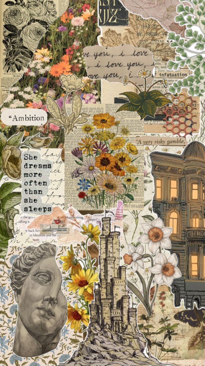 an altered collage with flowers, pictures and words on it's paper board