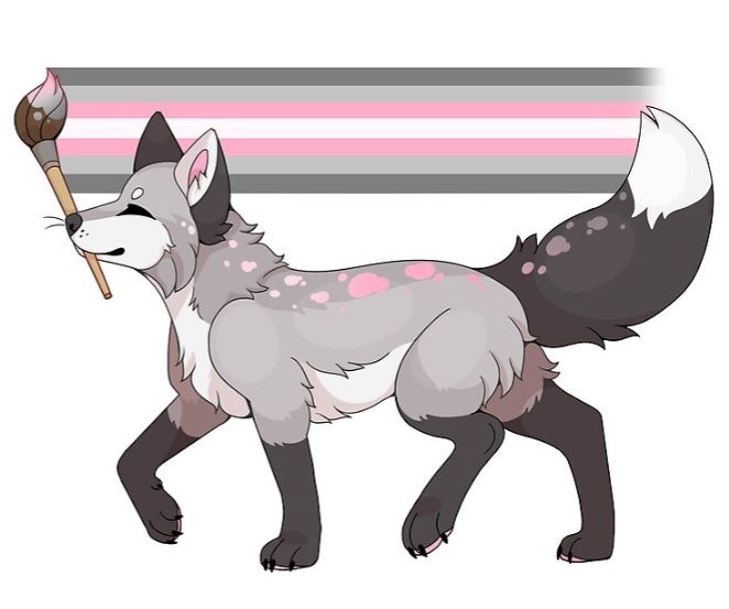 a drawing of a wolf holding a baseball bat in its paws and wearing pink flowers on it's tail