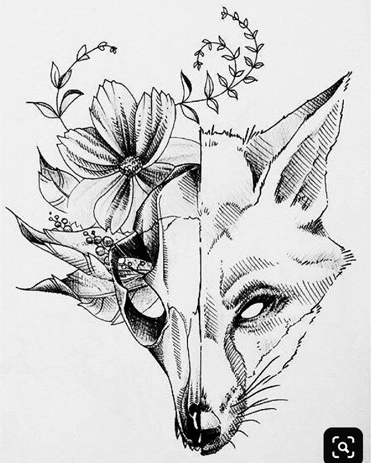 a drawing of a fox with flowers on it's head and the other side