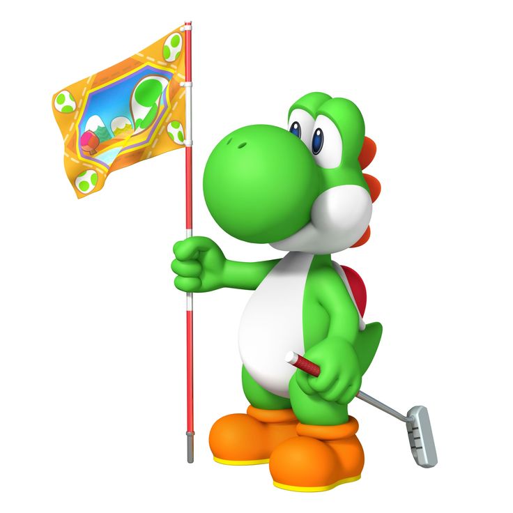 a cartoon character holding a flag and golf club