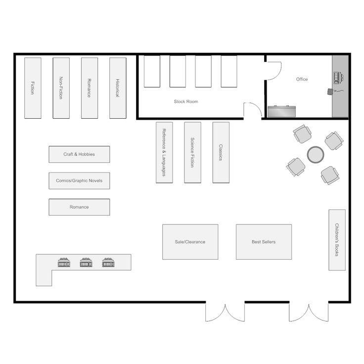 the floor plan for an office with several tables and couches, including two desks