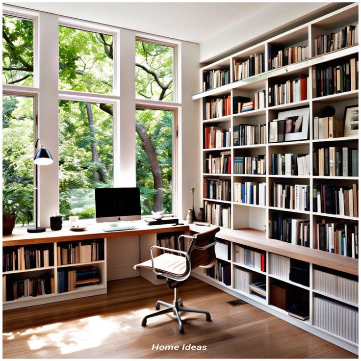 a home office with lots of bookshelves and a desk in front of a large window