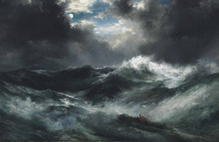 a painting of a boat in a stormy sea