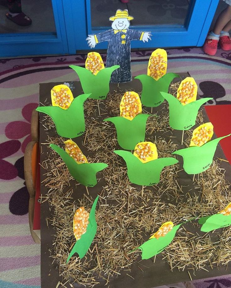 an arrangement of corn on the cob is displayed in front of a child's door