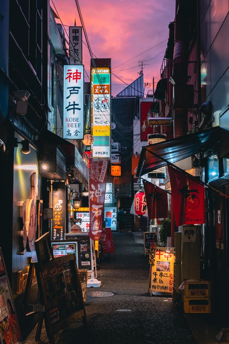 an alley way with signs and buildings on both sides at dusk or dawn in the city