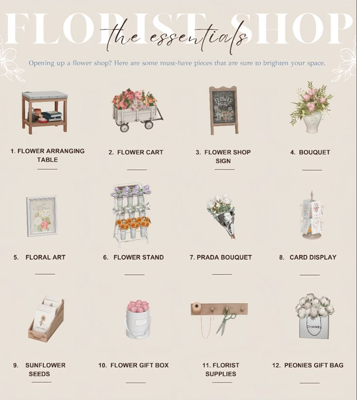 the florist shop poster is shown with flowers and other things to buy from it