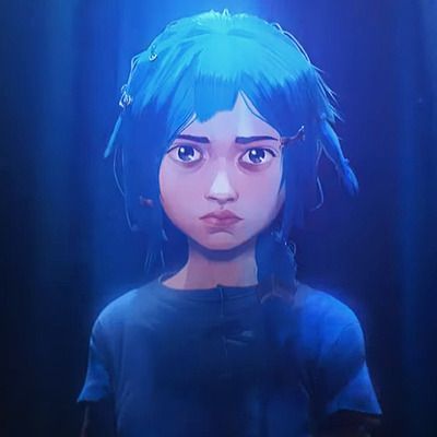 an animated girl with blue hair in the dark