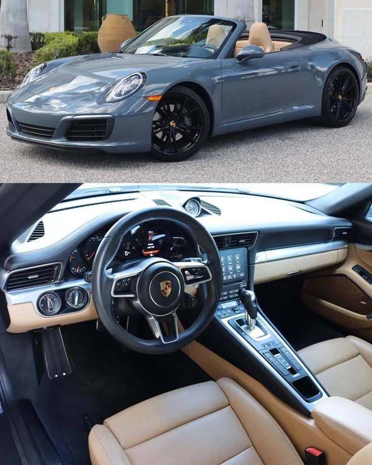 the interior and dashboard of a sports car are shown in two different pictures, one is grey