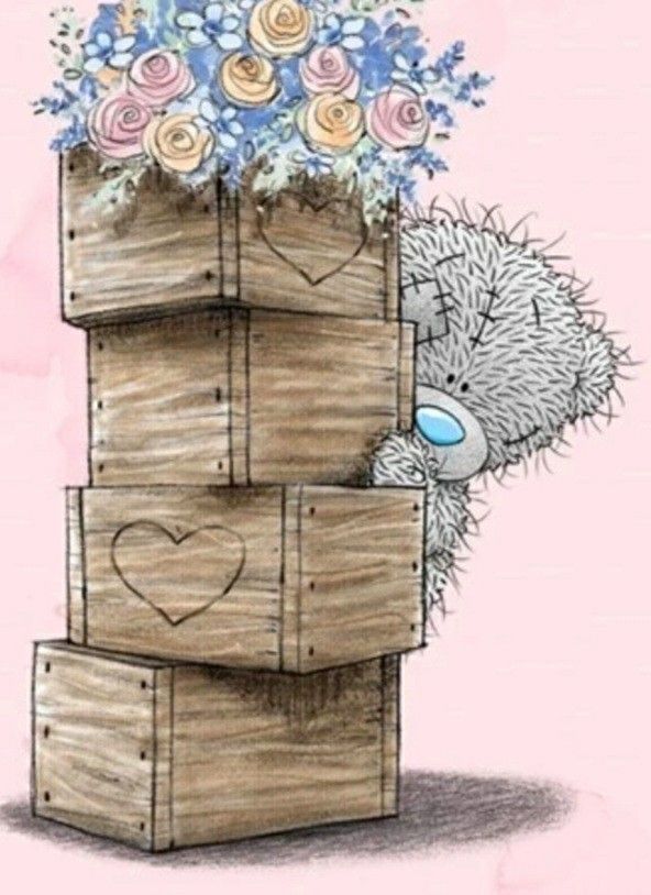 a drawing of a teddy bear sitting on top of a wooden box filled with flowers