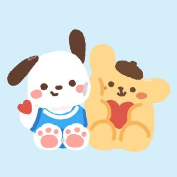 two stuffed animals sitting next to each other on a blue background with one holding the other's hand