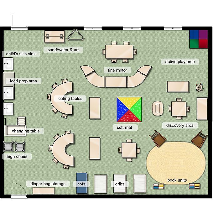 an office floor plan with several tables, chairs and desks on it's sides