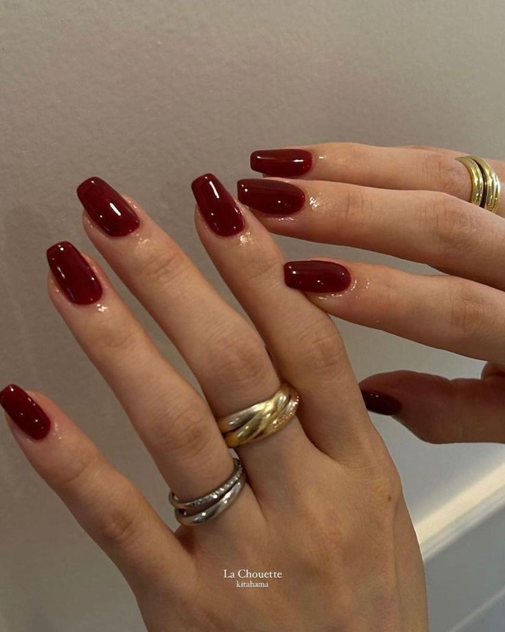 Dark Red Nails Acrylic Coffin Short, Andria Barbone Ring, Coffin Shape Red Nails, Red Nail Summer, Red Acyrilics Nails, Fair Skin Nails, Corporate Nail Designs, Dark Red Square Nails, Best Nail Color For Pale Skin