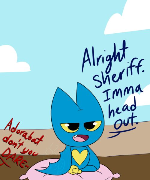 a blue cartoon character sitting on top of a pink pillow with the words alright sherff, imma head out